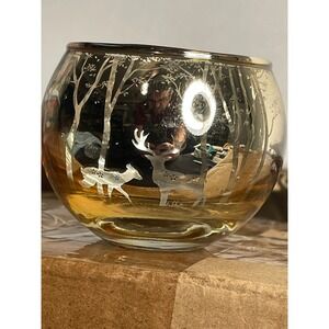 Set of 24 Glass Votive Candle Holders Amber Winter Forest Deer Tree Design